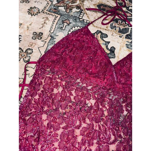 Vintage Hand Beaded y2k Open Back Tie Top Crop Pink Floral Halter Tank Medium - Picture 6 of 16